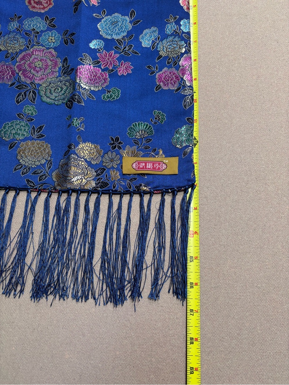 Vintage-Inspired Blue Chinese Embroidered Floral Scarf with Tassel Fringe - Picture 9 of 10